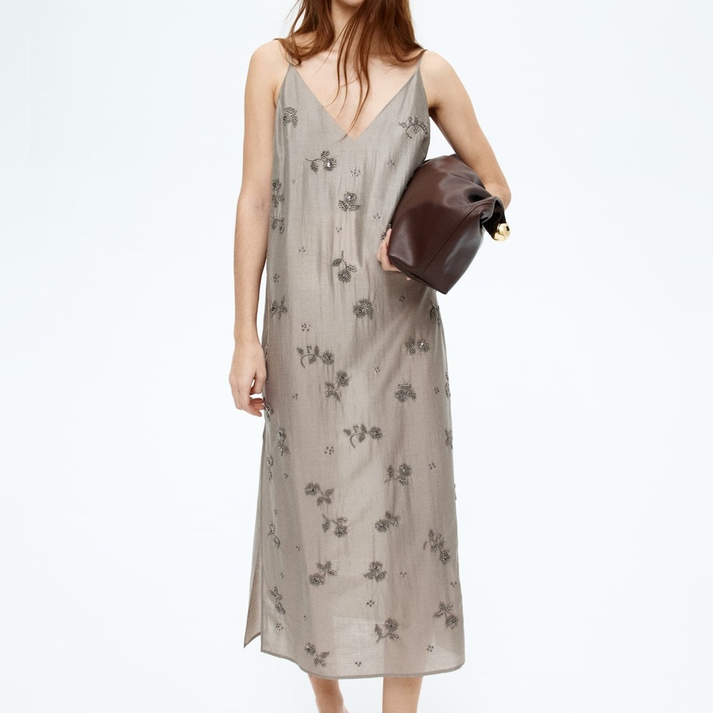 Light Gray Floral Beaded Embellished Slip Dress